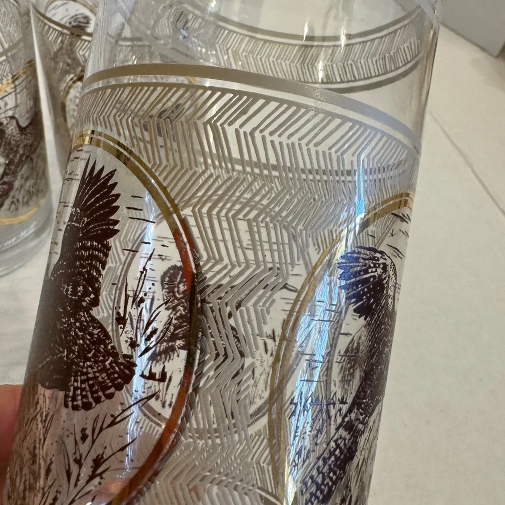 3 VTG 1970s MCM Libbey Highball Pheasant Glasses Game birds Brown Gold